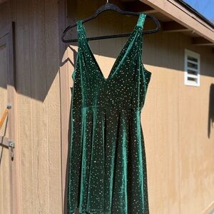 Green Velvet V-Neck Dress